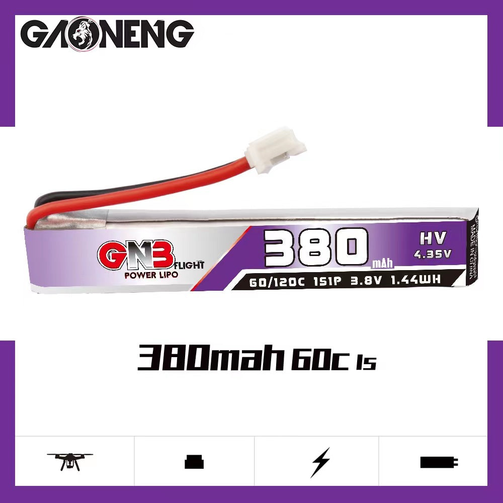 Side view showing 380mAh label, 60C/120C rating and 4.35V HV marking with lead and connector