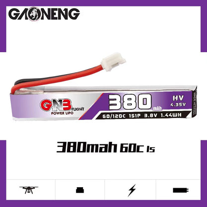 Side view showing 380mAh label, 60C/120C rating and 4.35V HV marking with lead and connector