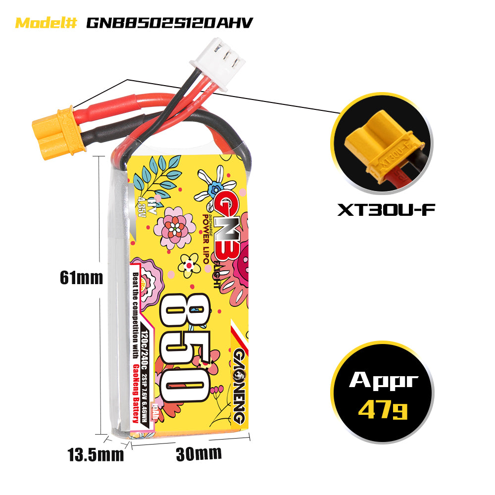 GAONENG GNB LiHV 2S 7.6V 850mAh 120C XT30 LiPo Battery