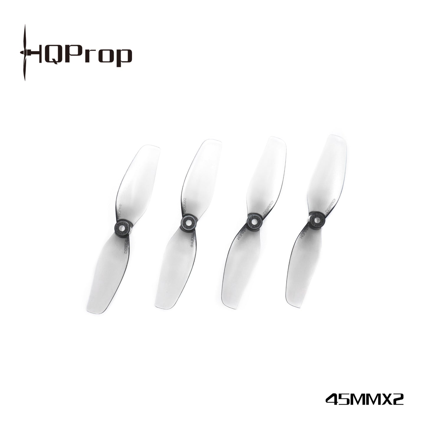 HQProp 45mm (1.8x1.4) grey micro whoop props shown with 45MMX2 label and HQProp logo