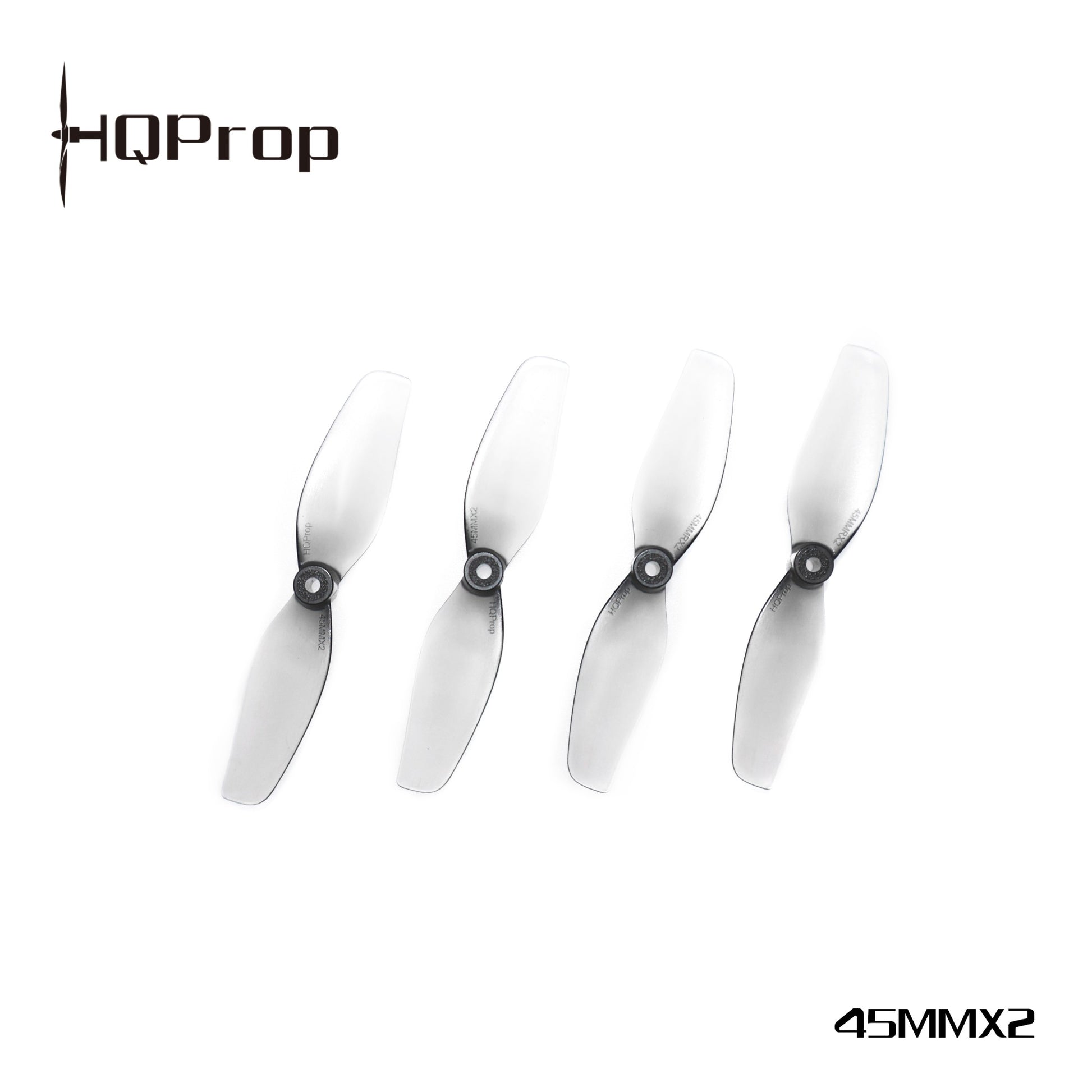 HQProp 45mm (1.8x1.4) grey micro whoop props shown with 45MMX2 label and HQProp logo