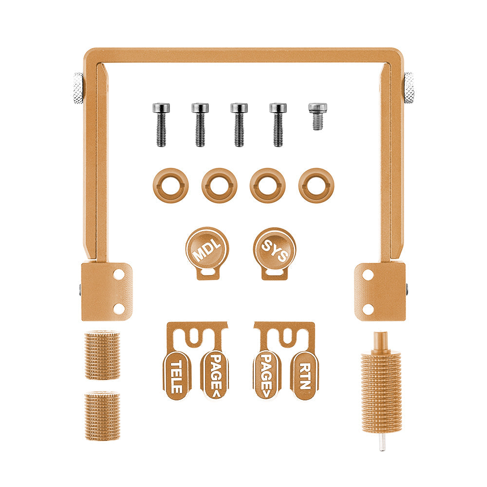 Gold CNC aluminum upgrade kit layout with TX15 carry handle, hardware, switch caps (MDL, SYS) and trims