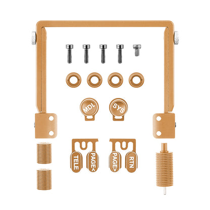 Gold CNC aluminum upgrade kit layout with TX15 carry handle, hardware, switch caps (MDL, SYS) and trims