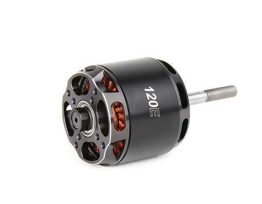 T-Motor 120E brushless outrunner motor with black housing, exposed copper windings, and threaded shaft