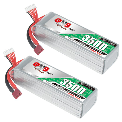 Two GNB 3500mAh LiPo batteries shown together, silver hardcase packs with balance lead and T-plug