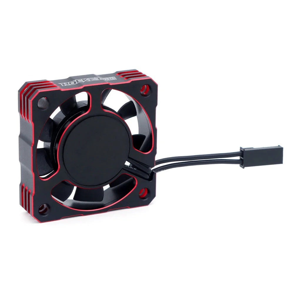 Rear view of red-and-black aluminum RC cooling fan with two-wire connector