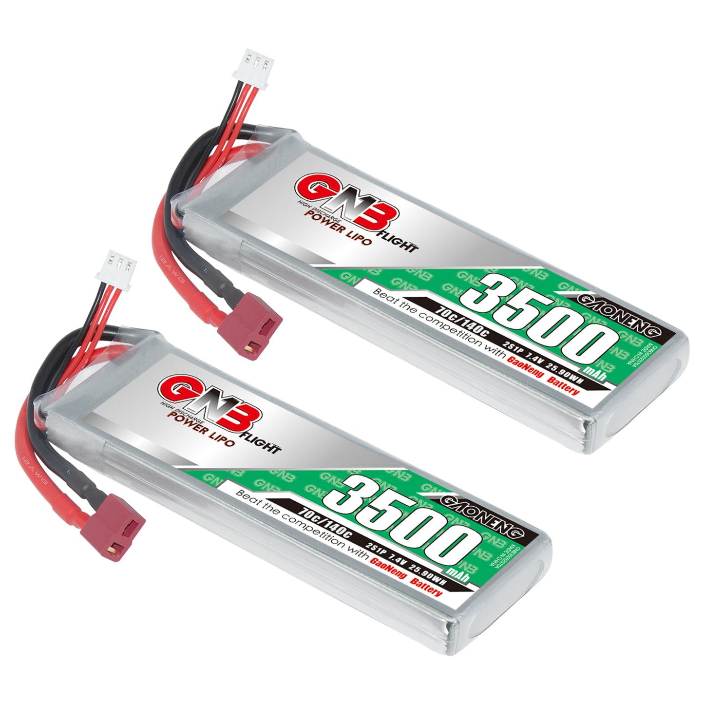 Two GNB 3500mAh LiPo packs shown with T-plug power connectors and white balance plugs