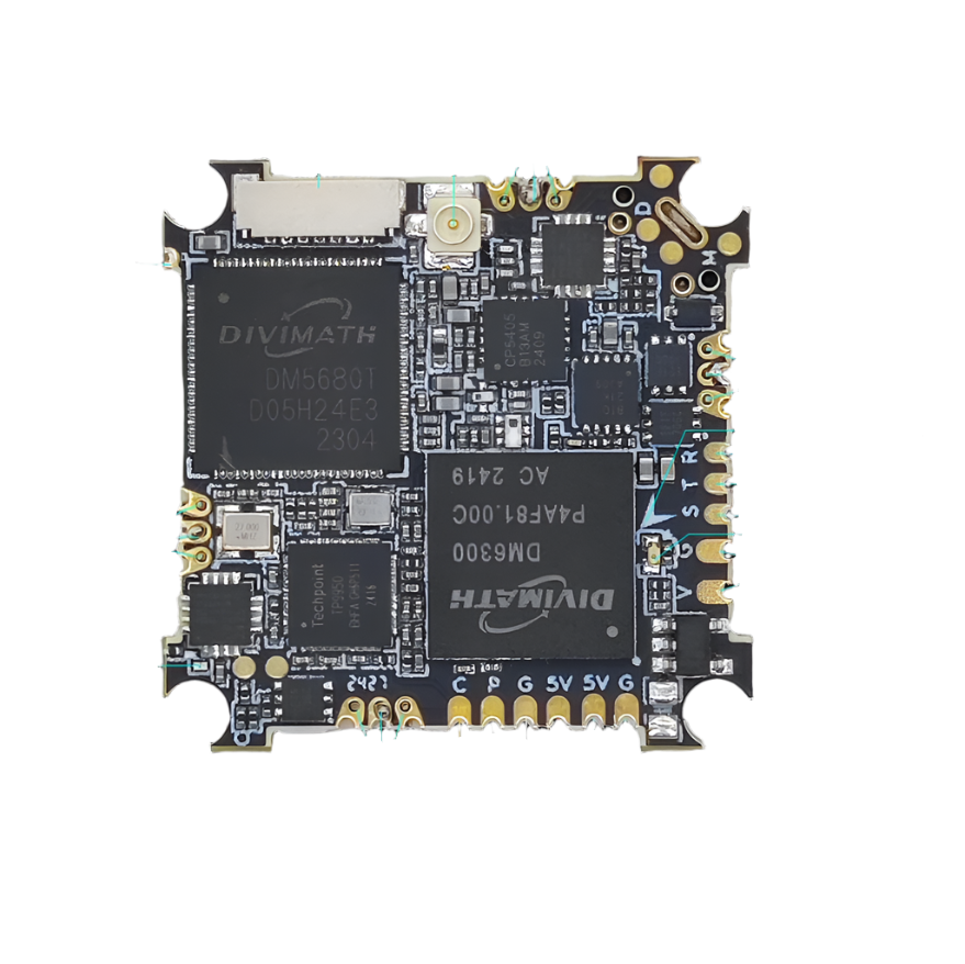 The HDZero AIO5 Whoop FC combines F4, ELRS, HD VTX, ESC, BEC, and uses DM5680T and DM6300 chips for enhanced flight control and video transmission.