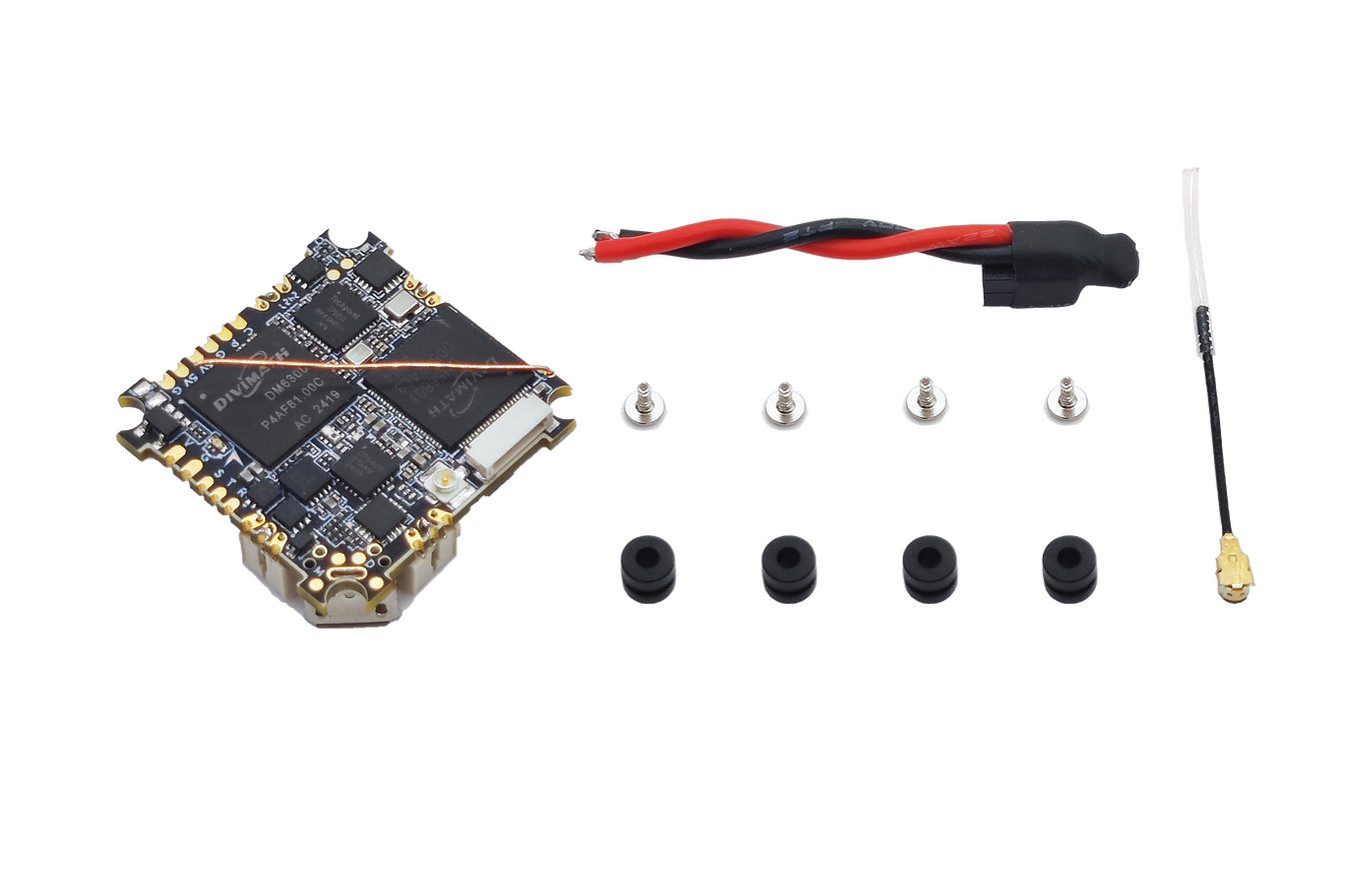 The HDZero AIO5 is a compact all-in-one digital whoop flight controller with F4, ELRS, HD VTX, ESC, BEC, screws, and antenna.