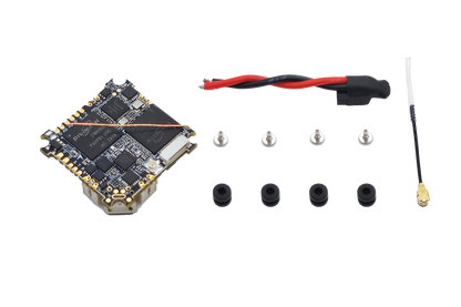 The HDZero AIO5 is a compact all-in-one digital whoop flight controller with F4, ELRS, HD VTX, ESC, BEC, screws, and antenna.