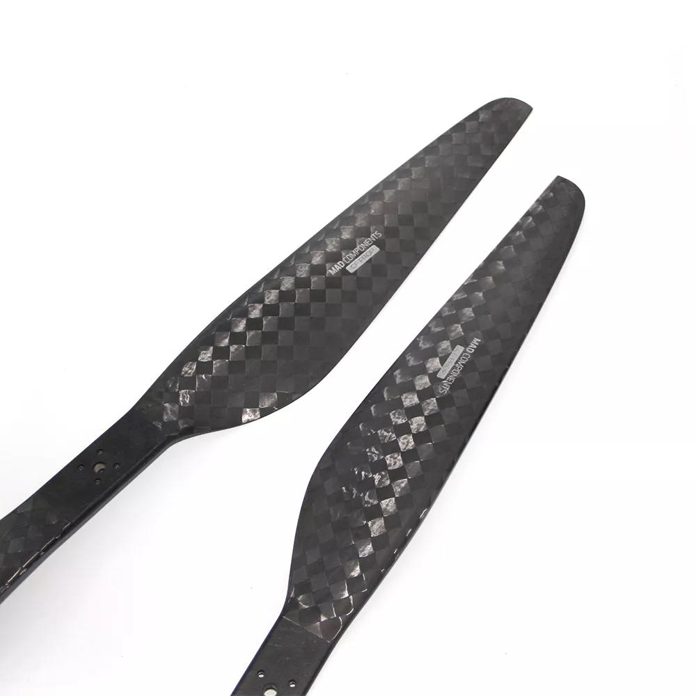 MAD FLUXER 28x9.2 Carbon Fiber Propeller, Pair of MAD FLUXER carbon fiber propeller blades with glossy woven finish and mounting holes