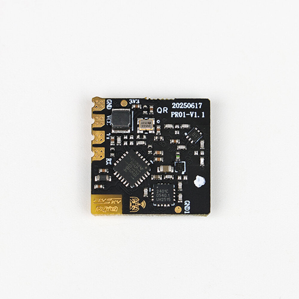 FLYSKY PR01 2.4GHz ExpressLRS receiver PCB, component side with solder pads and pin labels