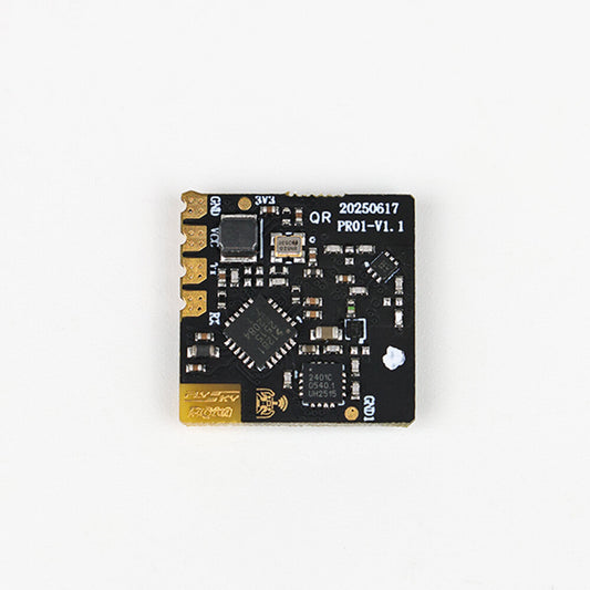 FLYSKY PR01 2.4GHz ExpressLRS receiver PCB, component side with solder pads and pin labels