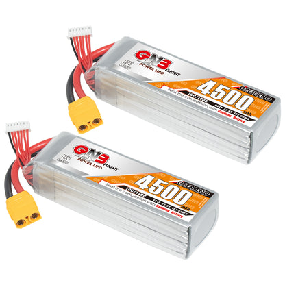 Two GNB 4500mAh 6S LiHV LiPo batteries shown with XT90 power plugs and balance connectors