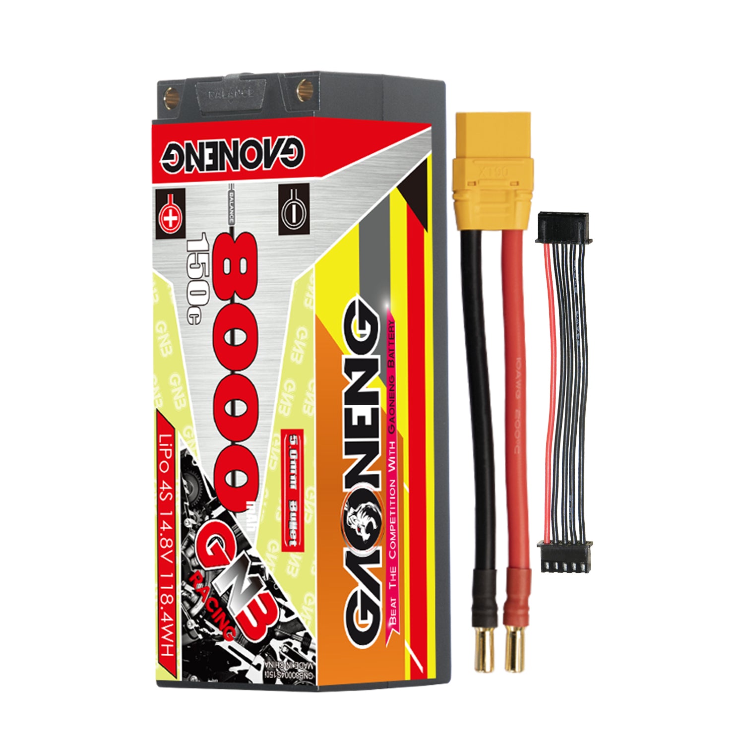 GNB 8000mAh hard case LiPo battery with yellow plug lead, 5mm bullet ends, and balance lead