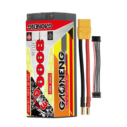 GNB 8000mAh hard case LiPo battery with yellow plug lead, 5mm bullet ends, and balance lead