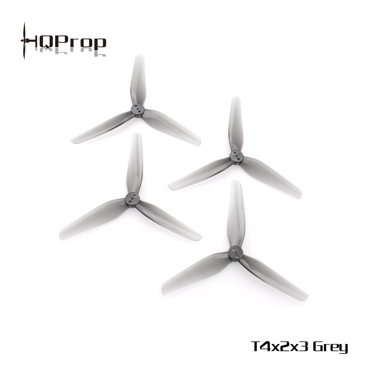 HQProp T4X2X3 Grey props set, top view with model text and HQProp logo