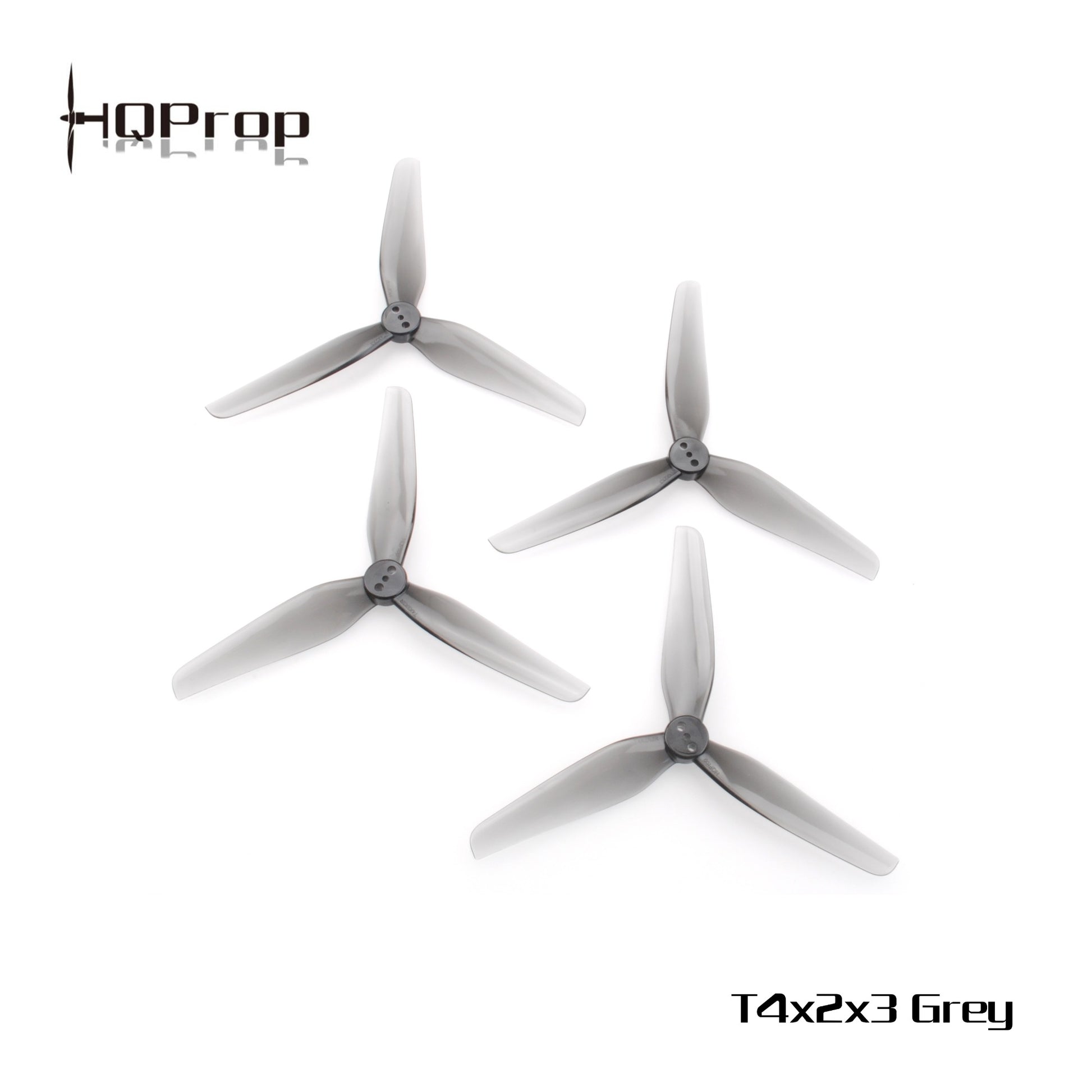 HQProp T4X2X3 Grey props set, top view with model text and HQProp logo