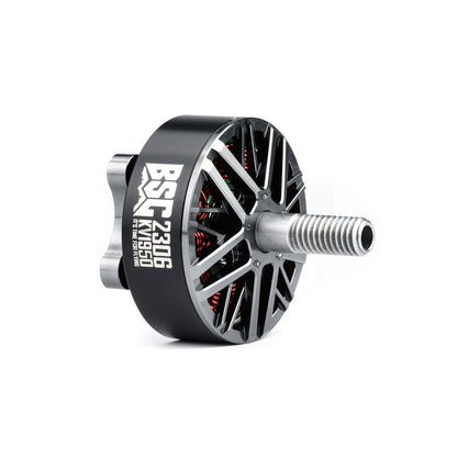 MAD BSC2306 V1.0 FPV drone motor with black housing, silver spoke bell, and threaded shaft