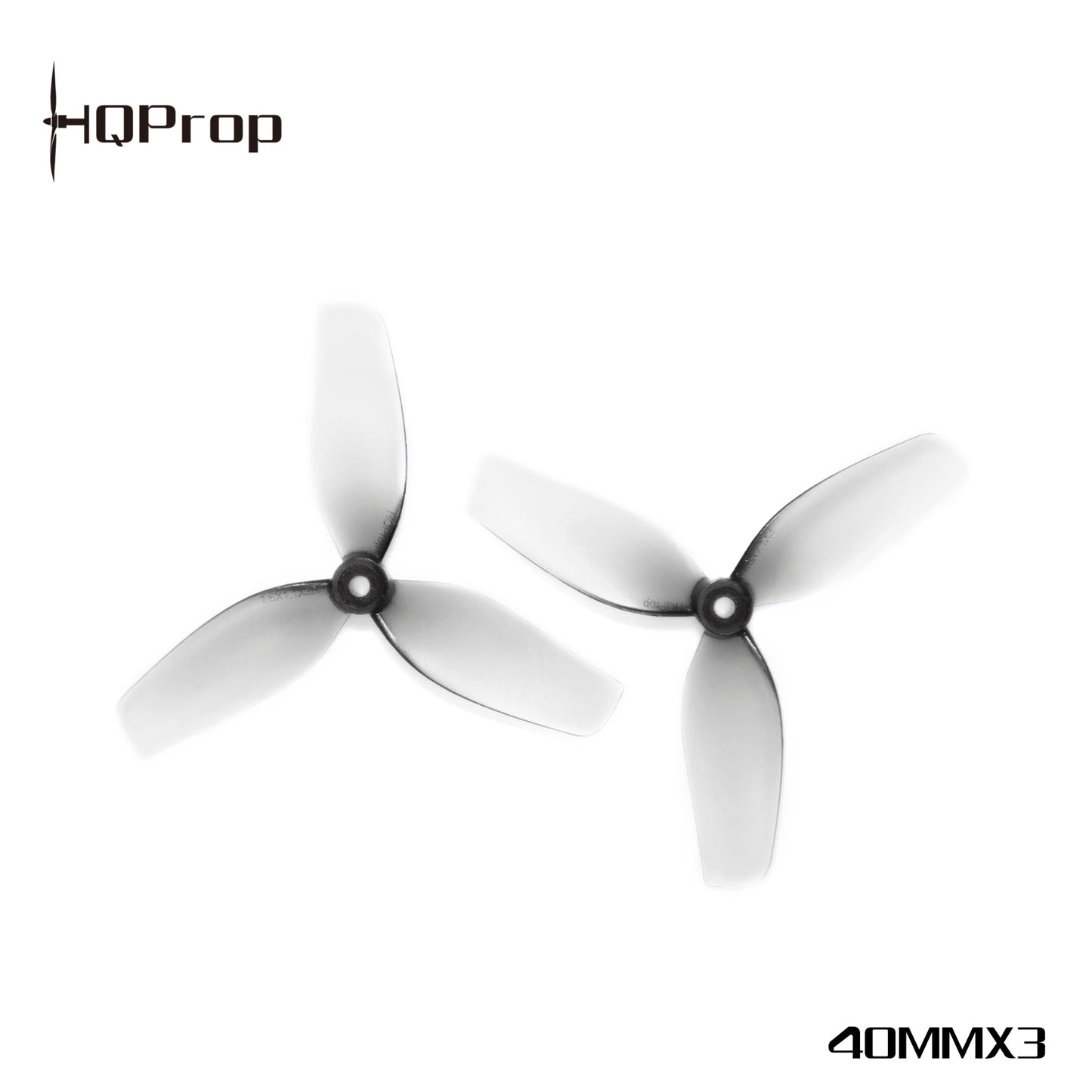 Two HQProp 3-blade whoop propellers shown with HQProp logo and 40MMX3 size marking