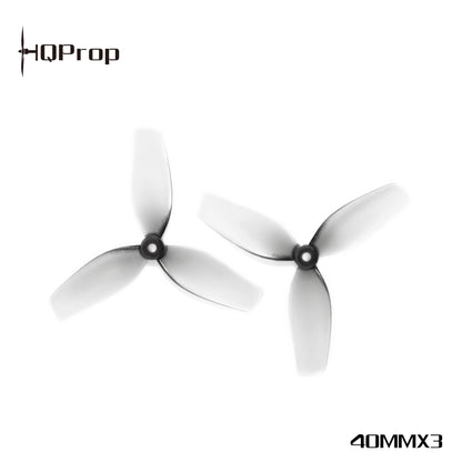 Two HQProp 3-blade whoop propellers shown with HQProp logo and 40MMX3 size marking