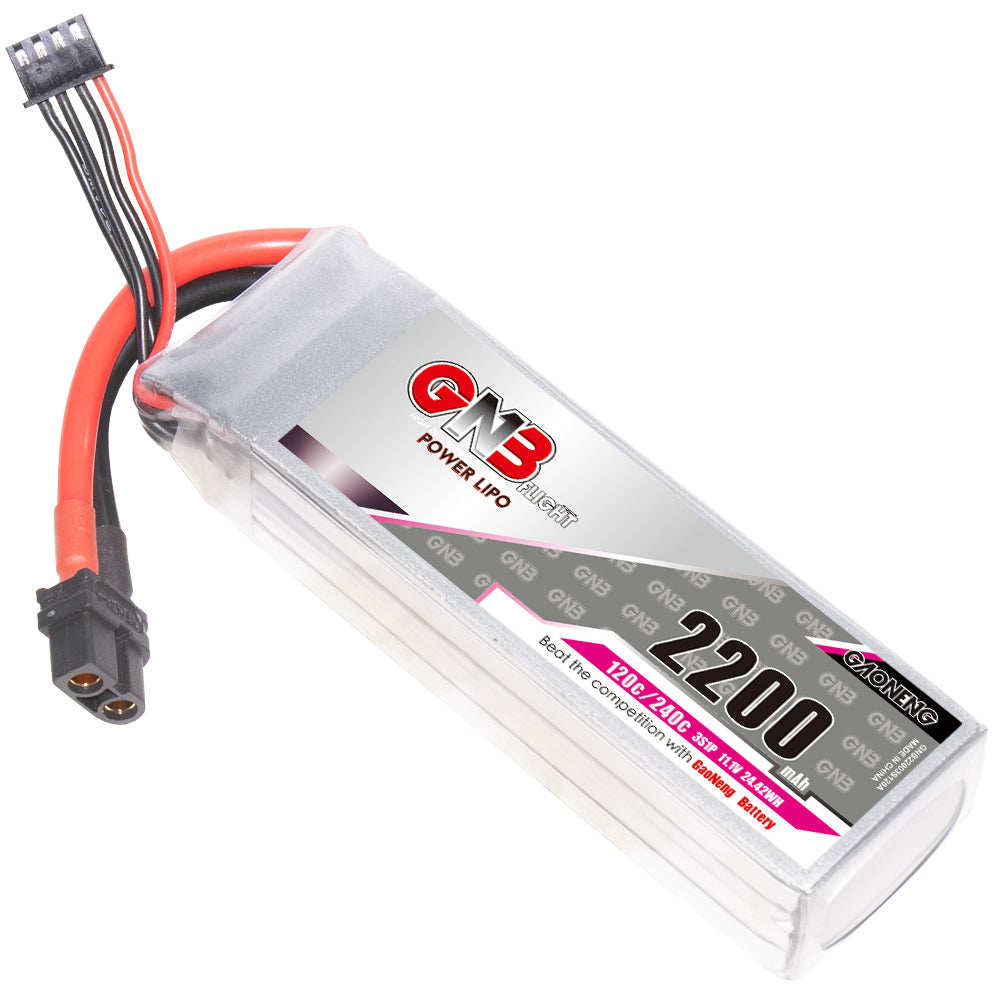 GAONENG GNB 3S 11.1V 2600mAh 120C XT60 LiPo battery, angled view with balance lead