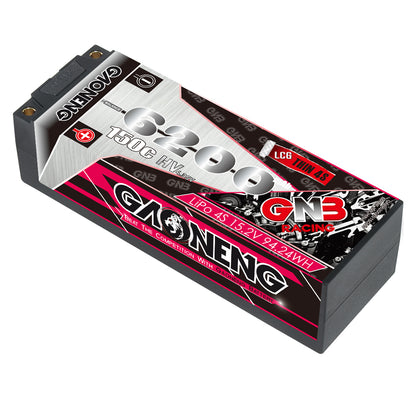 GAONENG GNB 4S hard case LiHV battery angled top view showing 6200mAh 150C label and LCG thin case