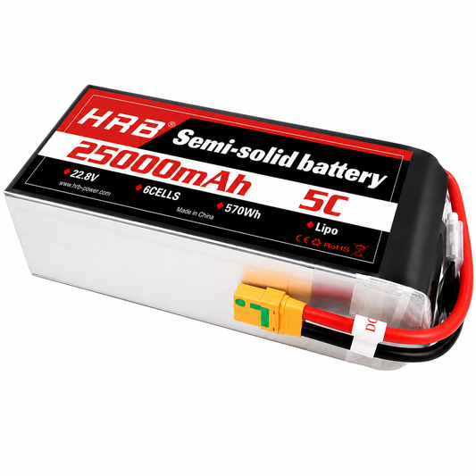 HRB 6S 22.8V 25000mAh 5C semi-solid LiPo battery pack with label and XT90-style connector