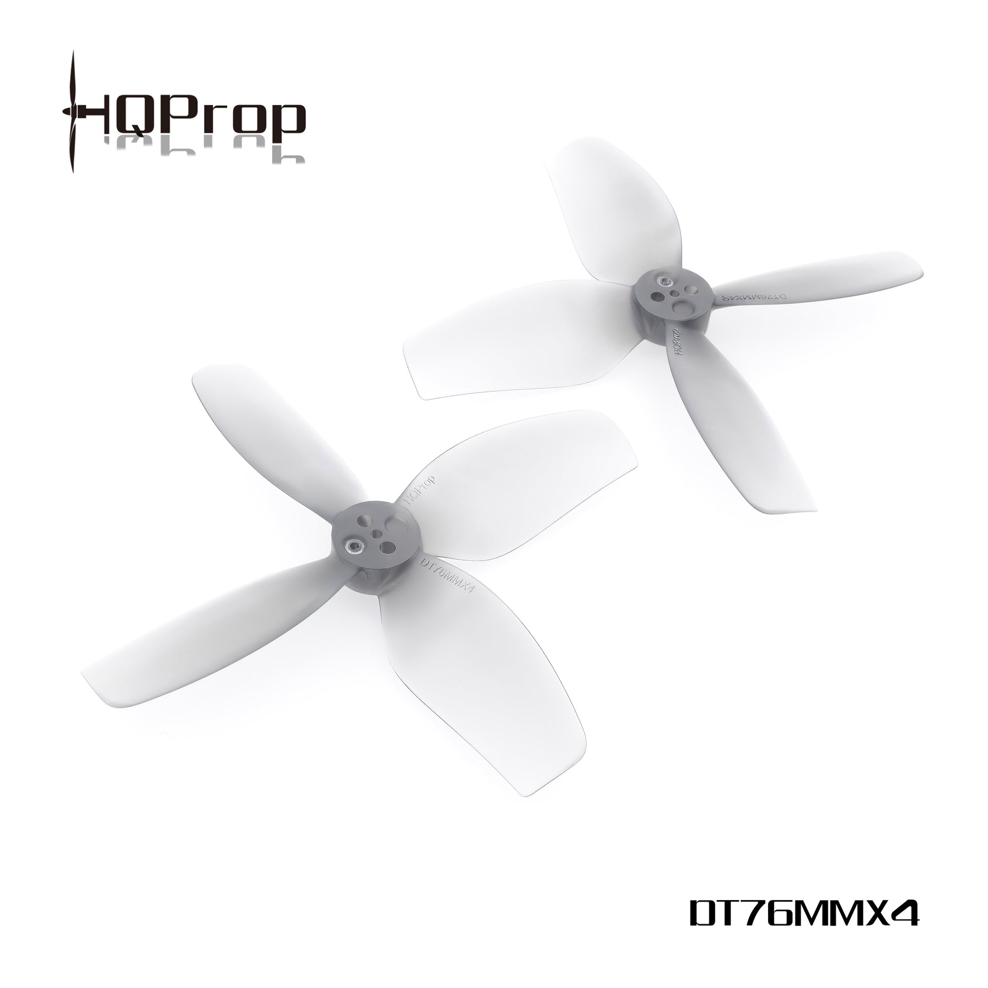 HQProp DT76MMX4 grey 4-blade cinewhoop propellers with HQProp logo and DT76MMX4 text