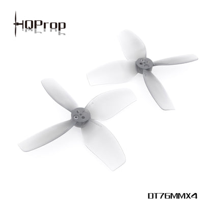 HQProp DT76MMX4 grey 4-blade cinewhoop propellers with HQProp logo and DT76MMX4 text