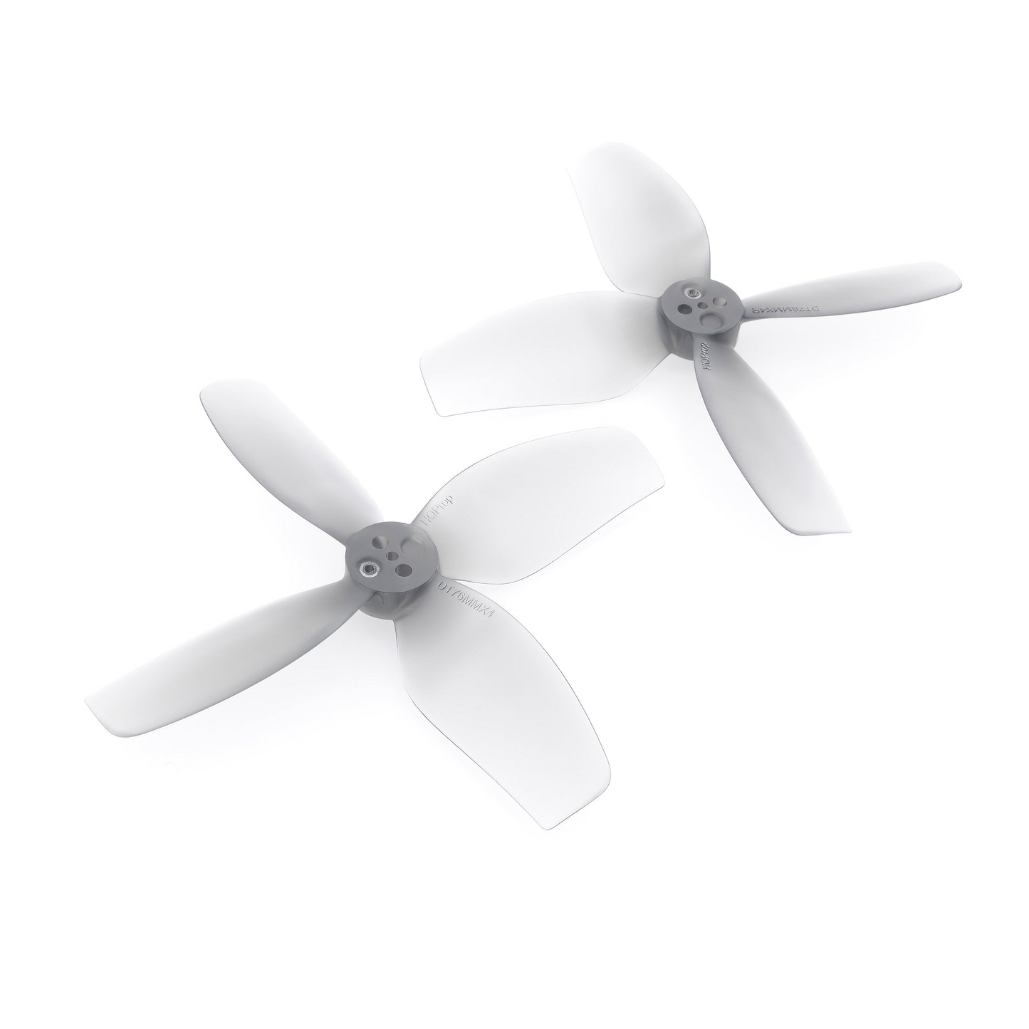 HQProp DT76MMX4 Cinewhoop Propeller set, two grey 4-blade props with hub mounting holes
