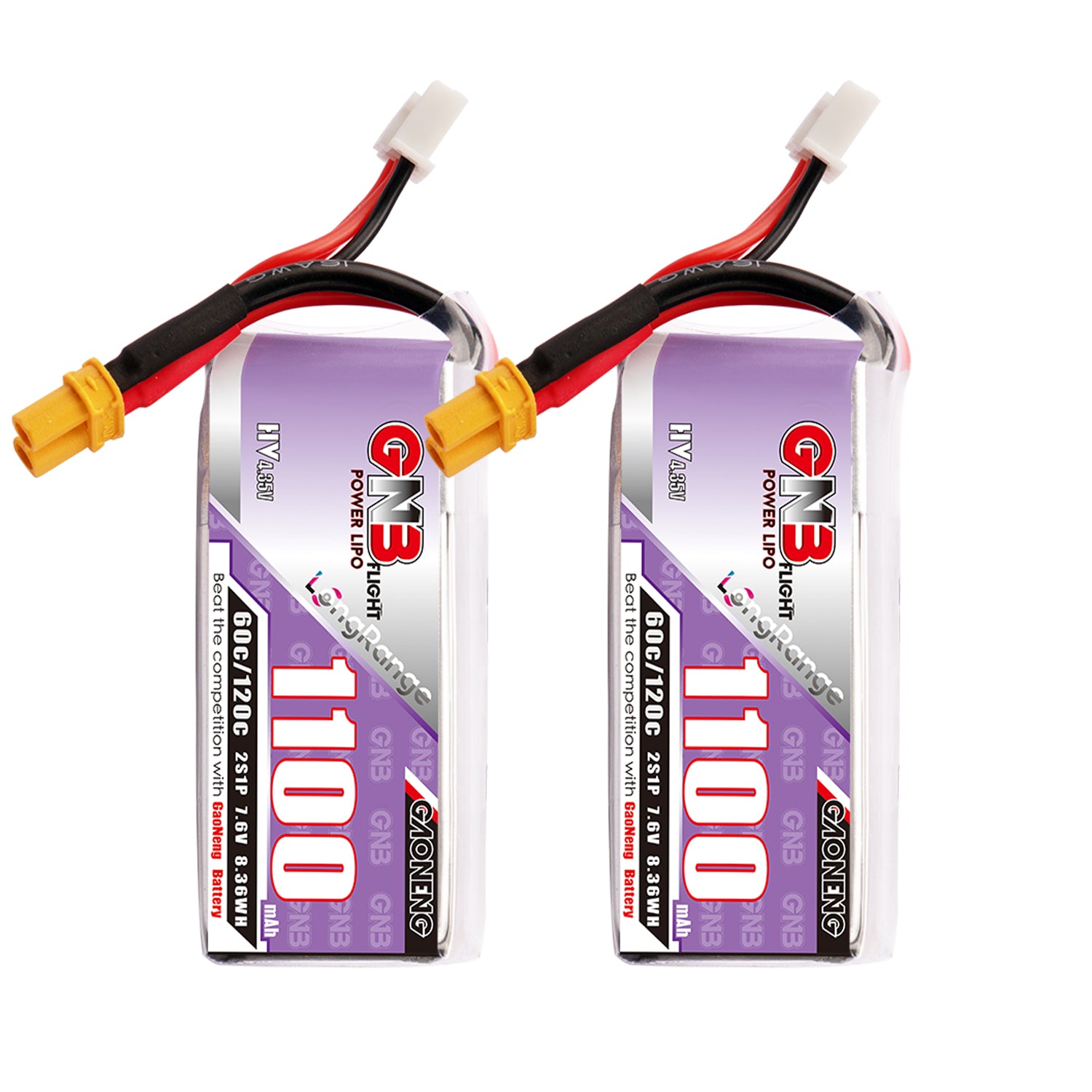 GNB 1100mAh 2S LiHV 7.6V 60C drone battery with XT30 lead and balance plug, two-pack