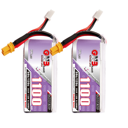 GNB 1100mAh 2S LiHV 7.6V 60C drone battery with XT30 lead and balance plug, two-pack