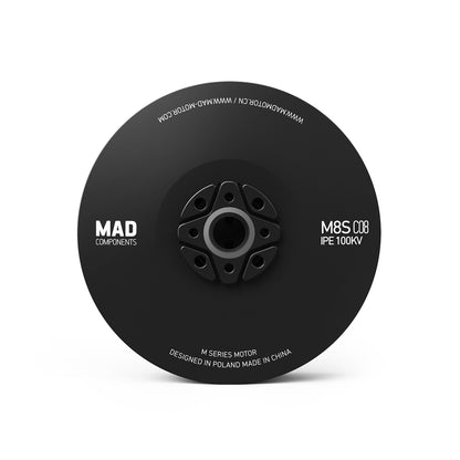 MAD M8S C08 (8108) IPE V1.0 Brushless Drone Motor, MAD Components M8S C08 IPE 100KV brushless drone motor, black round housing with central mount