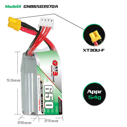 Battery size and weight diagram for GNB6503S70A showing 53×26×25mm, XT30U-F plug, approx 54g