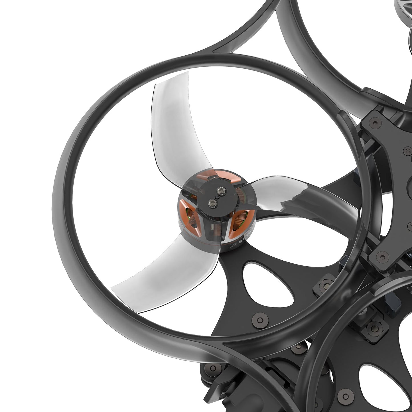 Close-up of GemFan D90S 3-blade propeller installed on a ducted cinewhoop FPV drone motor
