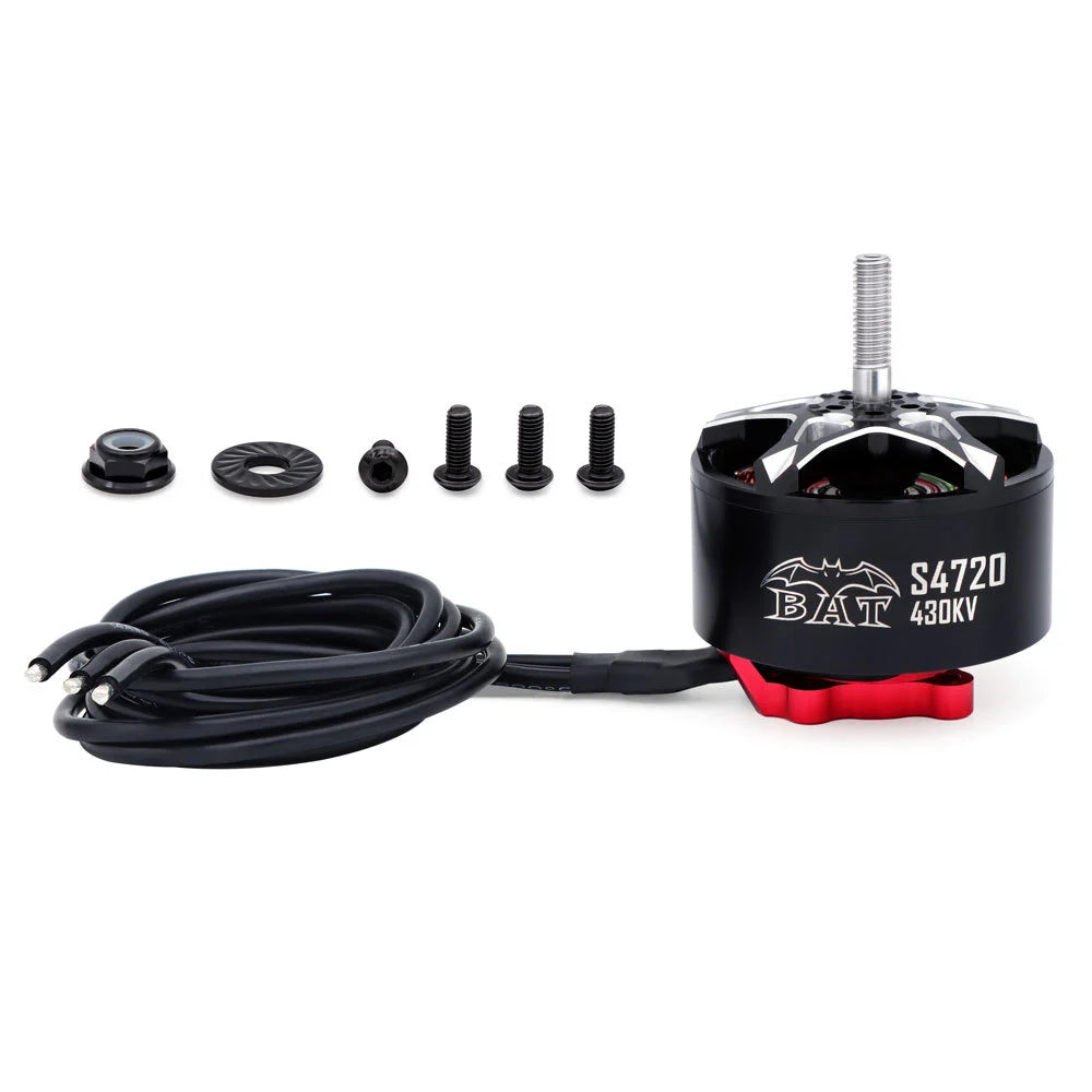 BAT S4720 430KV motor package contents: motor, long wire lead, prop nut, washers and mounting screws