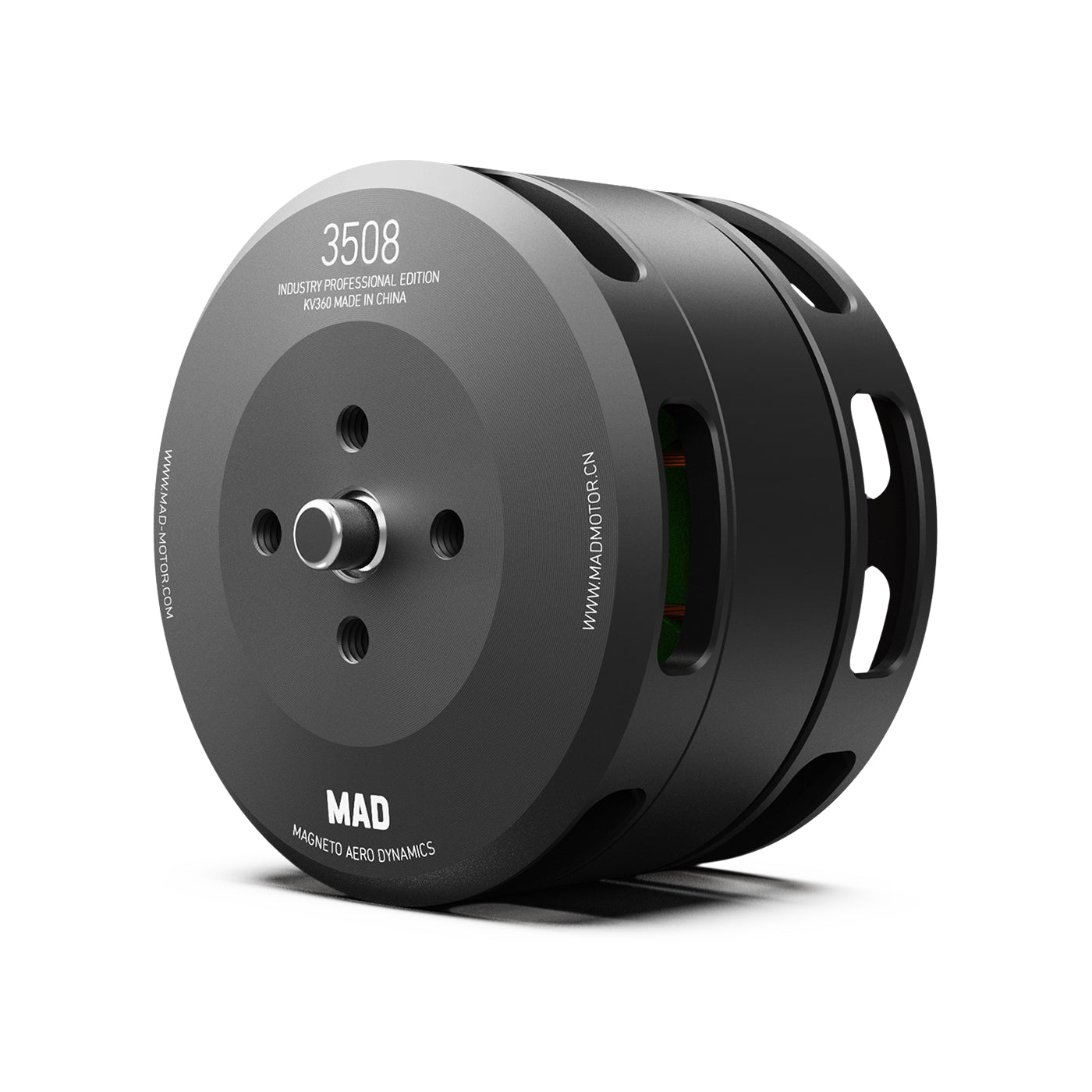 MAD 3508 IPE Drone Motor, MAD 3508 IPE brushless drone motor with black anodized housing, front mounting holes, and vented bell