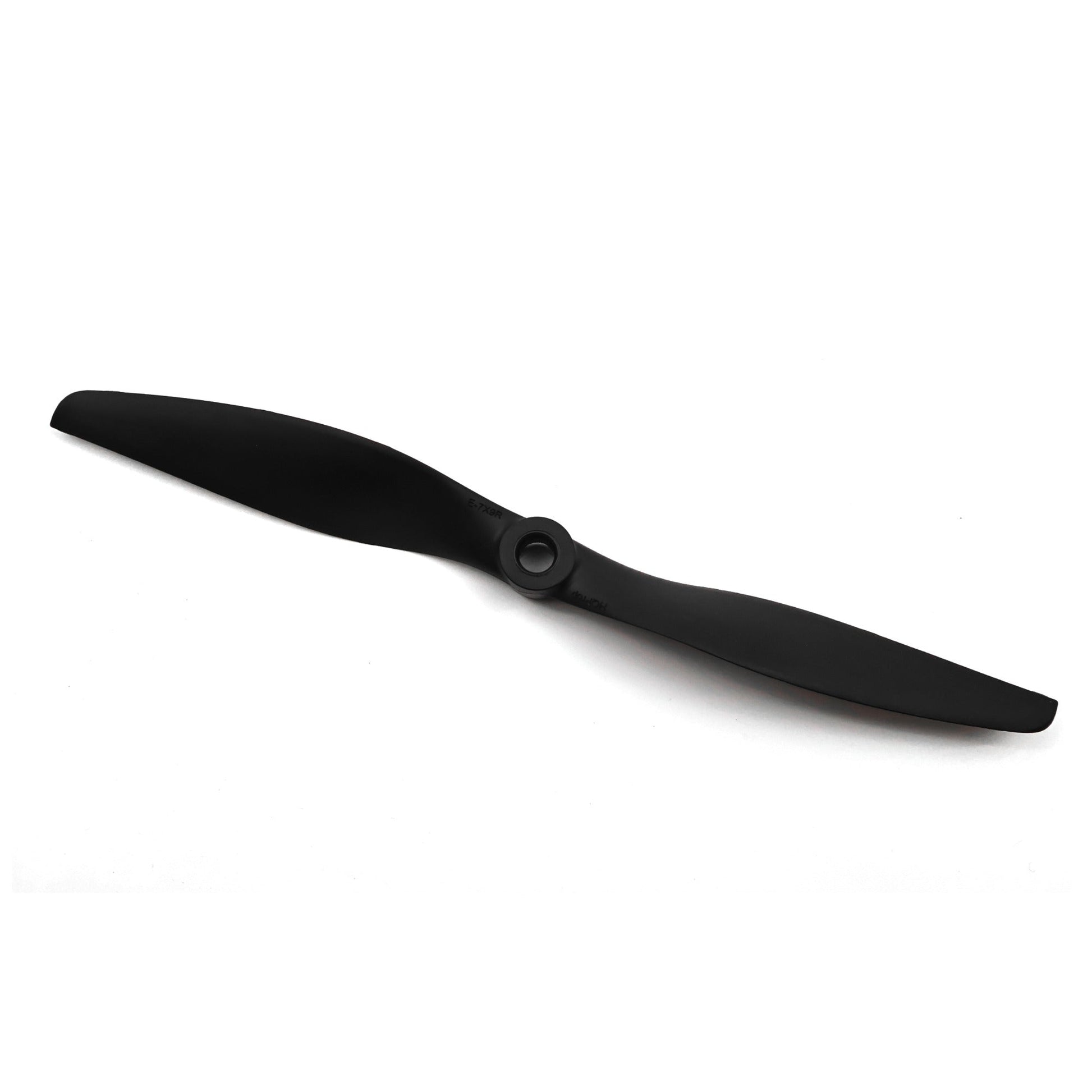 HQProp Thin Electric Pusher Propeller, black 2-blade propeller with center hub on white