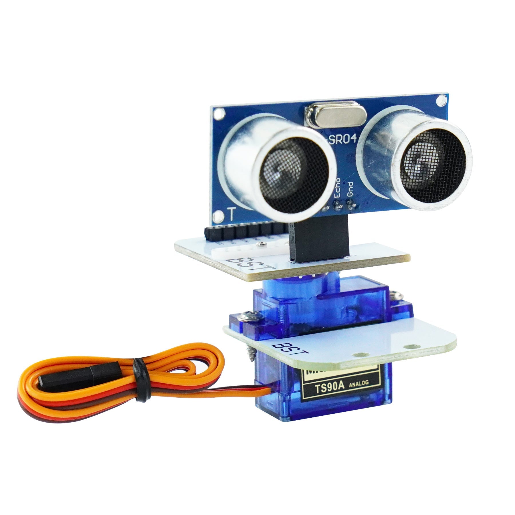 Yahboom SG90 9g servo pan-tilt mount with HC-SR04 ultrasonic sensor module, assembled view