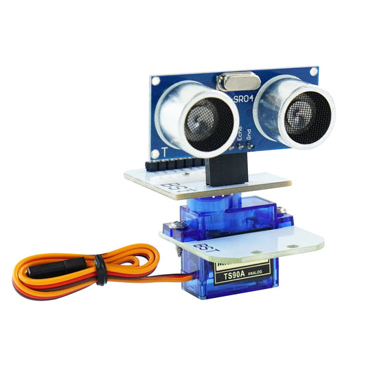 Yahboom SG90 9g servo pan-tilt mount with HC-SR04 ultrasonic sensor module, assembled view