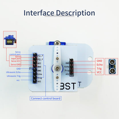Wiring/interface diagram for servo and ultrasonic module pins (GND, Echo, Trig, VCC) to control board