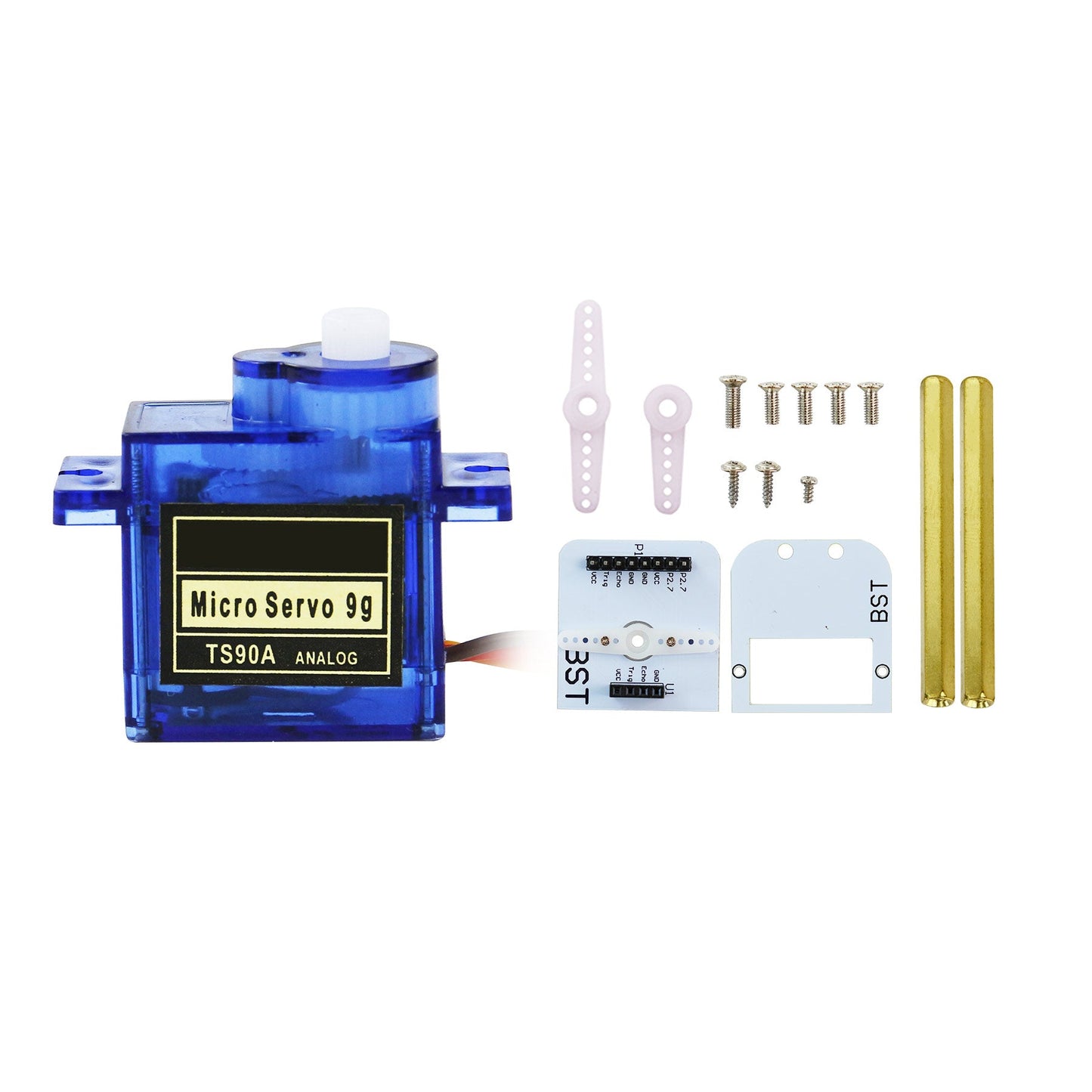 Kit contents: 9g micro servo, horn arms, screws, mounting plates, and brass standoffs