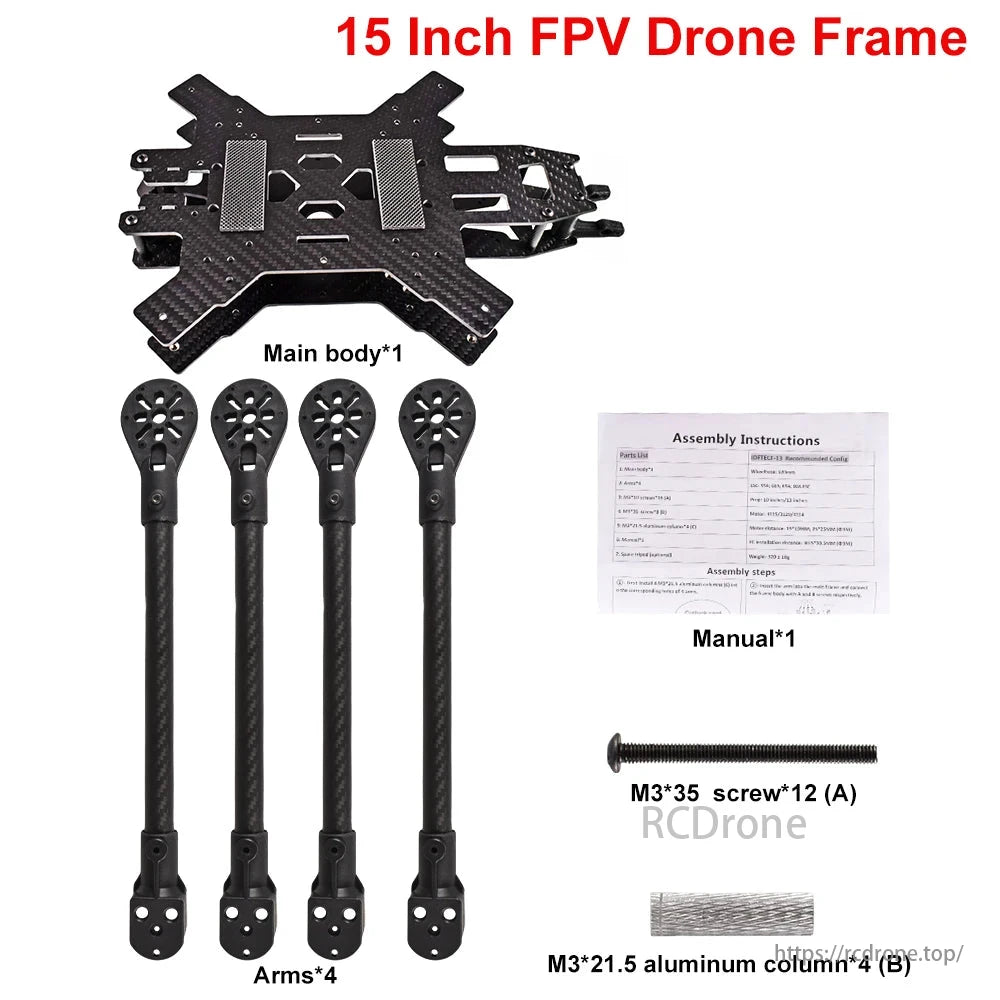 9IMOD Carbon Fiber 580mm 15 inch FPV Frame, A 15-inch FPV drone frame kit provides a main body, arms, instructions, screws, and aluminum columns for building a DIY racing drone.