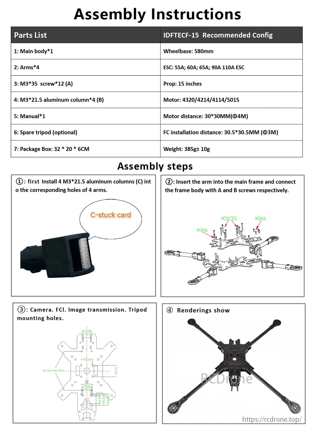 9IMOD Carbon Fiber 580mm 15 inch FPV Frame, The 9IMOD Carbon Fiber 580mm FPV frame assembly instructions provide a parts list, specifications, installation steps, and renderings. Perfect for DIY racing drones.