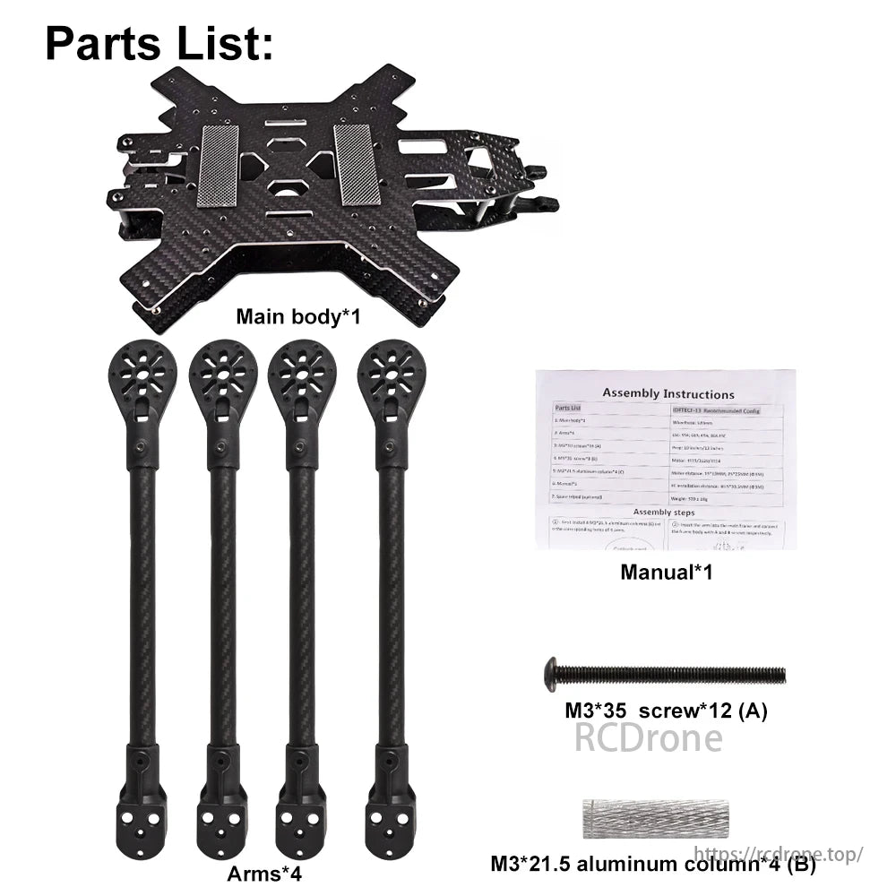9IMOD Carbon Fiber 580mm 15 inch FPV Frame, The 9IMOD Carbon Fiber 580mm FPV frame parts list includes the main body, arms, instructions, screws, and aluminum columns for assembly.