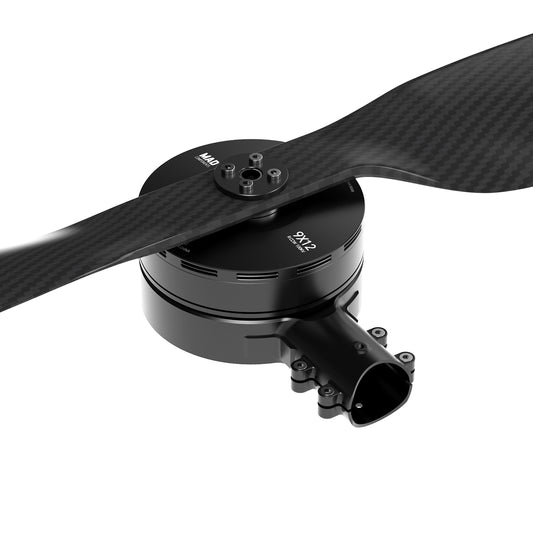 MAD 9x-12 drone arm assembly with carbon fiber propeller and motor mount clamp in black finish
