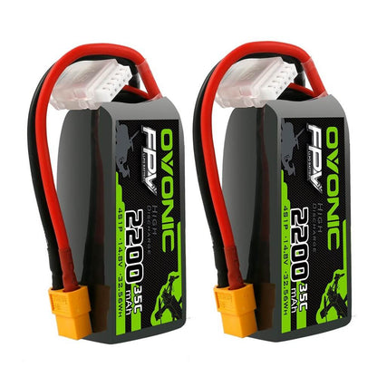 Two OVONIC FPV 2200mAh 4S 35C LiPo batteries shown upright with Deans plug and balance lead