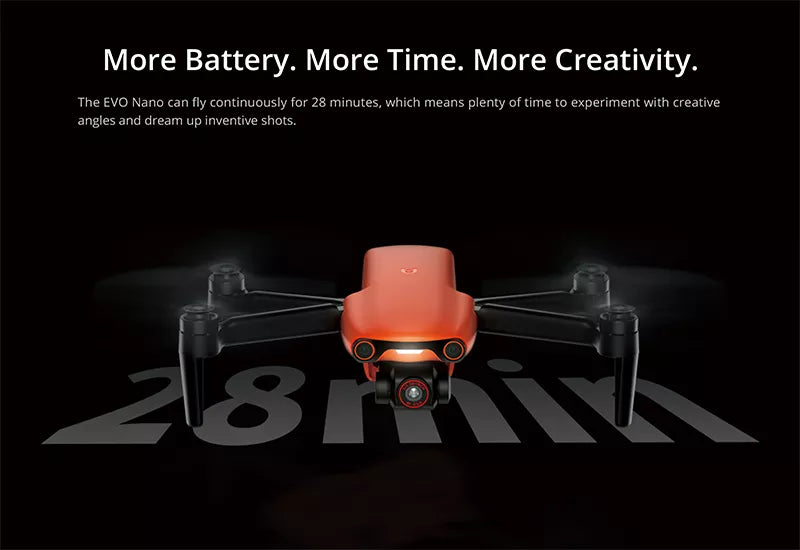 Autel Robotics EVO Nano Plus 4K HD Camera 3-Axis Ultralight Mini Drone Professional Camera Drone 16 EVO Nano can fly continuously for 28 minutes which means plenty of time to experiment with creative angles