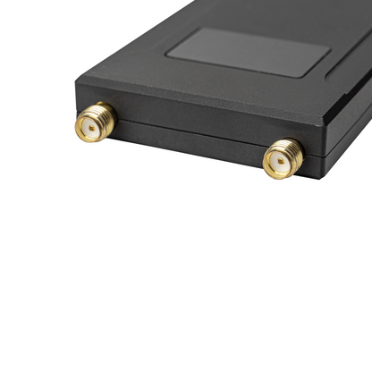 Close-up of dual SMA antenna connectors on 3.3G VRX receiver housing